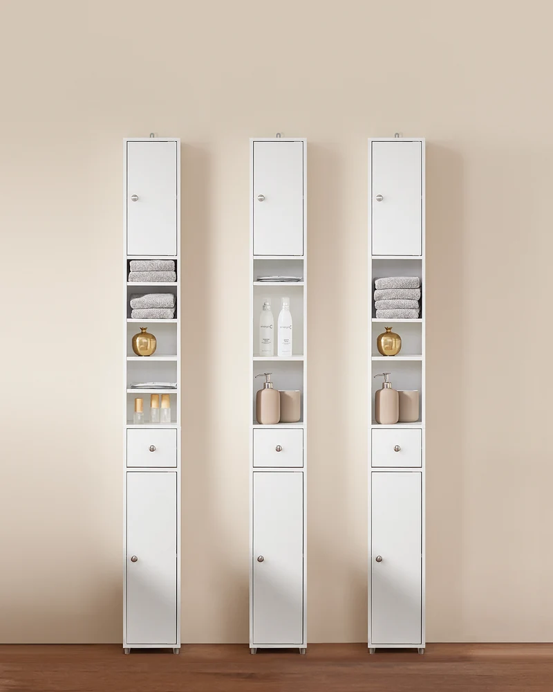 SoBuy BZR34-W Meuble Colonne Armoire Haut de Salle de Bain avec 1 Tiroir, 2 Portes et 5 Compartiments