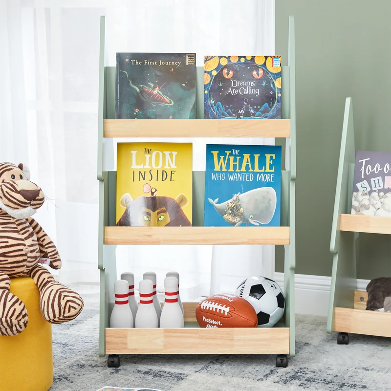 SoBuy KMB99-H-GR Bibliothèque Enfant à roulettes Étagère à Livres Enfant Étagère pour Chambre d'enfant avec 5 étagères et 4 roulettes