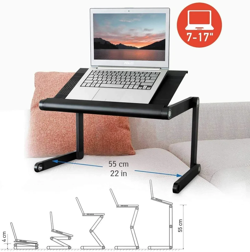 WonderWorker Nobel – Table pliante réglable pour ordinateur portable 7–17 pouces, aluminium, jusqu’à 15 kg, noire