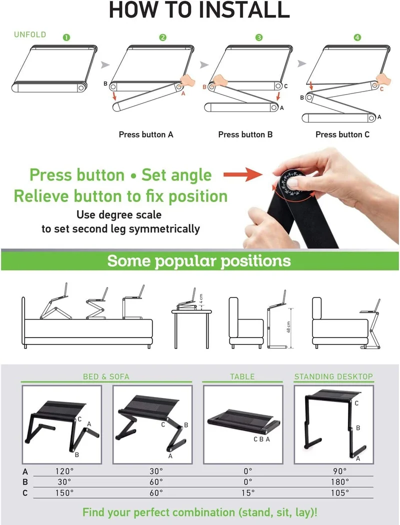 WonderWorker Nobel – Table pliante réglable pour ordinateur portable 7–17 pouces, aluminium, jusqu’à 15 kg, noire
