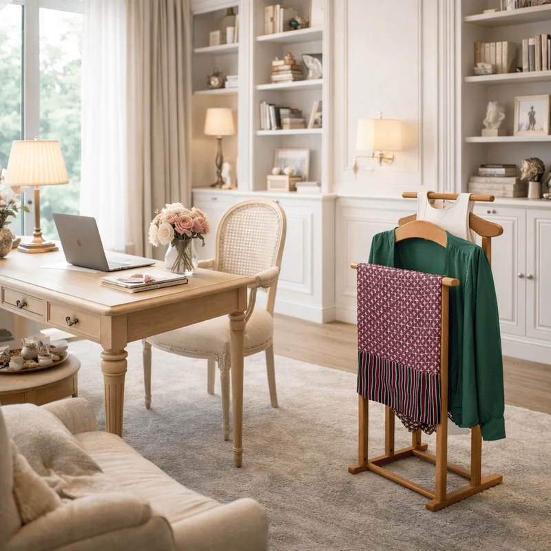 Tatkraft Duke - Valet de Chambre, Fabriqué en Italie, Valet de Chambre Bois, 2 cintres et de 2 barres, 43x35x102 cm, Chevalet vetement, Merisier