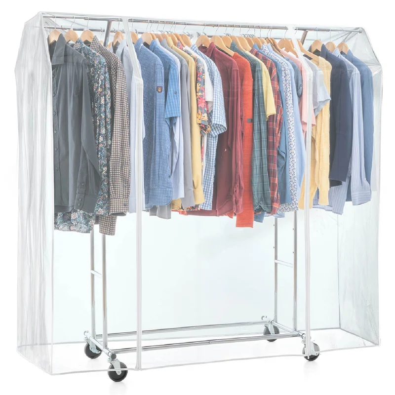 Tatkraft Denver & Safe – Portant à vêtements professionnel pliable sur roulettes, avec housse transparente, double tringle, charge maximale de 110 kg