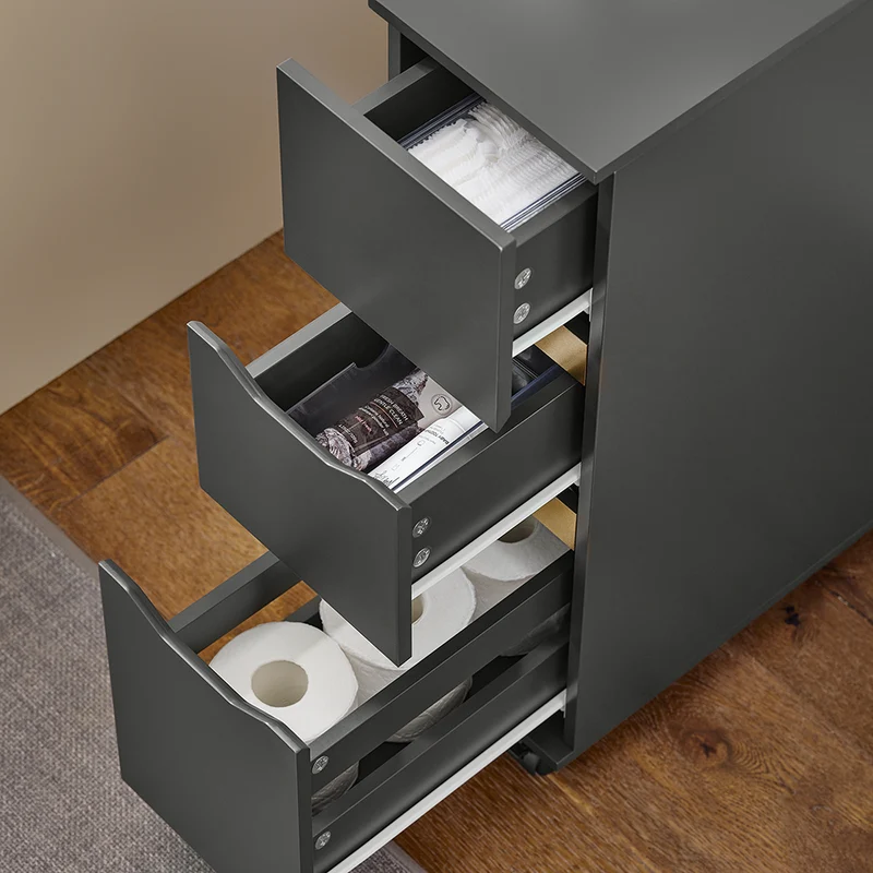 SoBuy BZR191-DG Meuble de Rangement Salle de Bain Étroit sur roulettes, Support Papier Toilette avec roulettes, Armoire Toilettes WC Compact, 3 Tiroirs