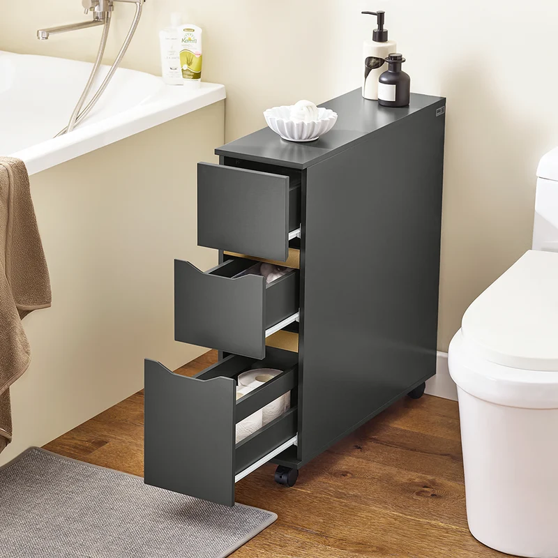 SoBuy BZR191-DG Meuble de Rangement Salle de Bain Étroit sur roulettes, Support Papier Toilette avec roulettes, Armoire Toilettes WC Compact, 3 Tiroirs