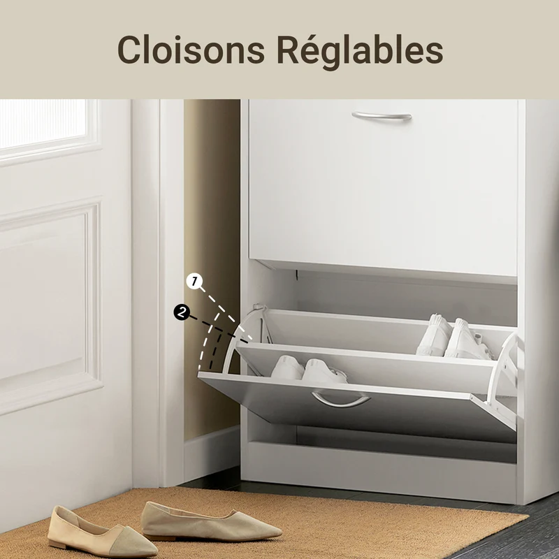 SoBuy FSR110-W Meuble d'Entrée avec 3 Abattants + Placard Rangement Chaussures - Meuble à Chaussures pour Couloir, Studio ou Appartement - Blanc 71x24x111cm