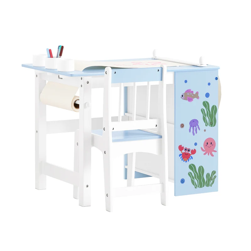 SoBuy KMB60-B Ensemble Table et Chaise pour Enfants Set de 2 Pièces avec Autocollants DIY Bureau pour Enfants avec 3 Porte-Crayons Bleu et Blanc