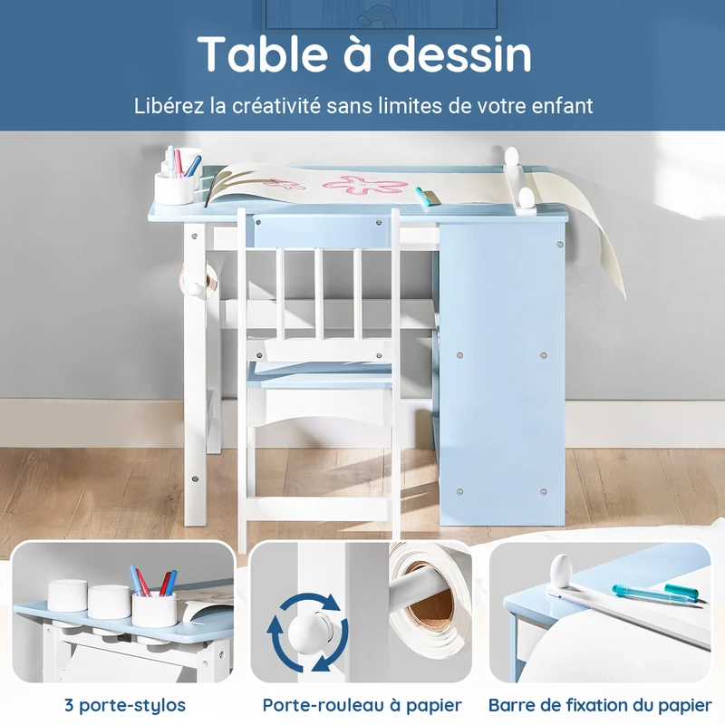 SoBuy KMB60-B Ensemble Table et Chaise pour Enfants Set de 2 Pièces avec Autocollants DIY Bureau pour Enfants avec 3 Porte-Crayons Bleu et Blanc