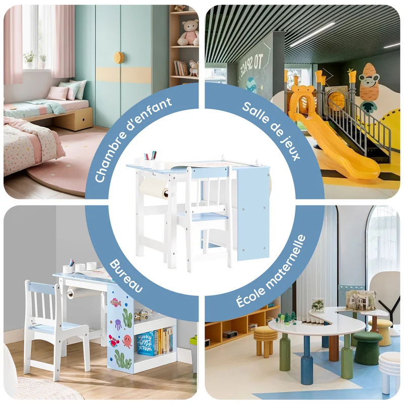SoBuy KMB60-B Ensemble Table et Chaise pour Enfants Set de 2 Pièces avec Autocollants DIY Bureau pour Enfants avec 3 Porte-Crayons Bleu et Blanc