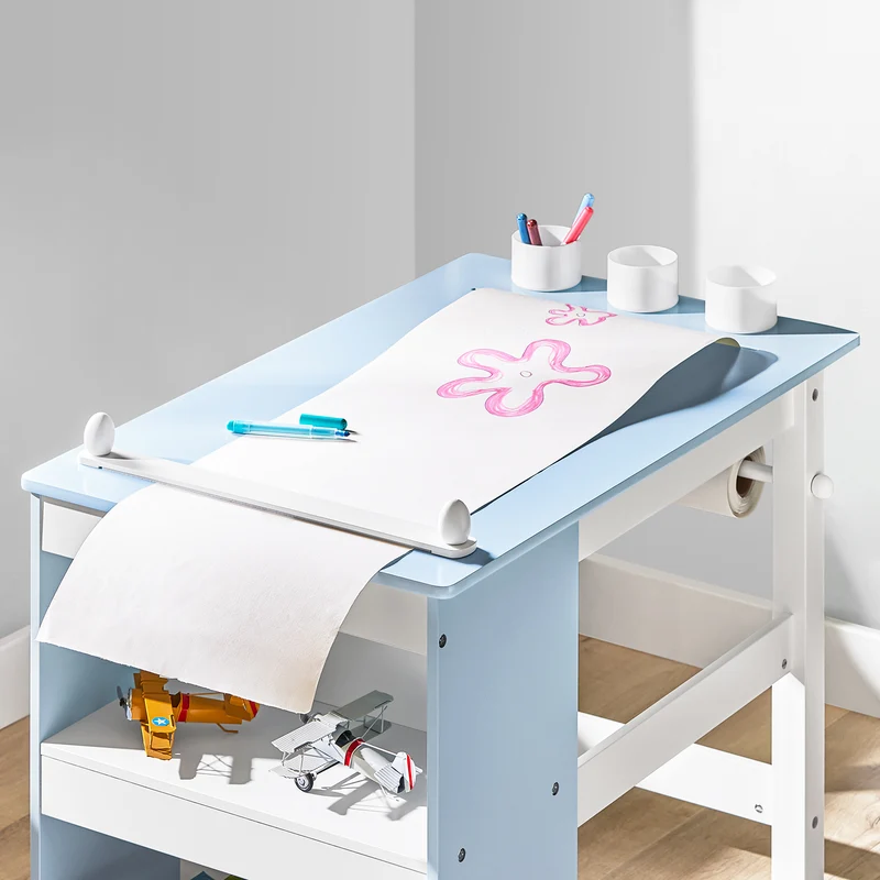 SoBuy KMB60-B Ensemble Table et Chaise pour Enfants Set de 2 Pièces avec Autocollants DIY Bureau pour Enfants avec 3 Porte-Crayons Bleu et Blanc
