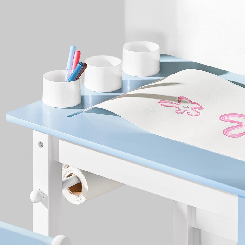 SoBuy KMB60-B Ensemble Table et Chaise pour Enfants Set de 2 Pièces avec Autocollants DIY Bureau pour Enfants avec 3 Porte-Crayons Bleu et Blanc