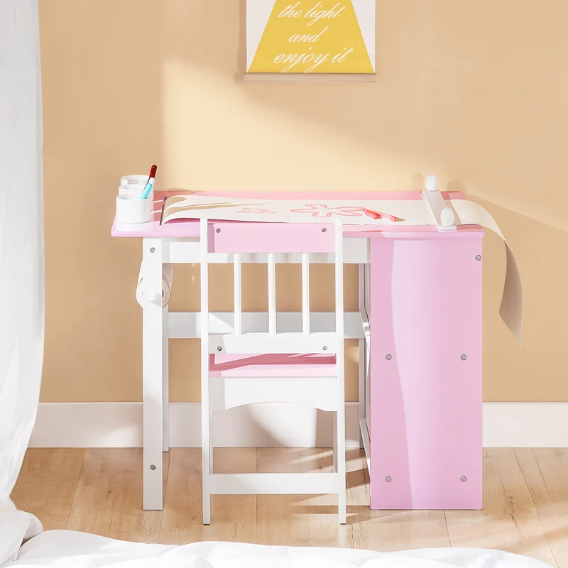 SoBuy KMB116-P Ensemble Table et Chaise pour Enfants Set de 2 Pièces avec Autocollants DIY Bureau pour Enfants avec 3 Porte-Crayons Rose et Blanc