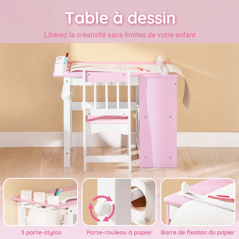 SoBuy KMB116-P Ensemble Table et Chaise pour Enfants Set de 2 Pièces avec Autocollants DIY Bureau pour Enfants avec 3 Porte-Crayons Rose et Blanc