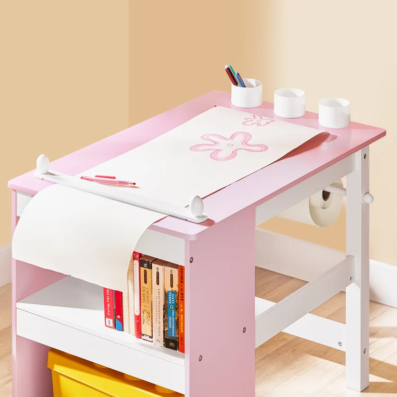 SoBuy KMB116-P Ensemble Table et Chaise pour Enfants Set de 2 Pièces avec Autocollants DIY Bureau pour Enfants avec 3 Porte-Crayons Rose et Blanc