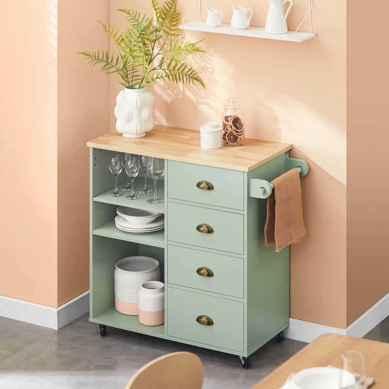 SoBuy FKW127-GR Chariot de Cuisine avec 3 Compartiments et 4 Tiroirs Service Table d’Appoint Chariot à roulettes Vert 90x40x88cm