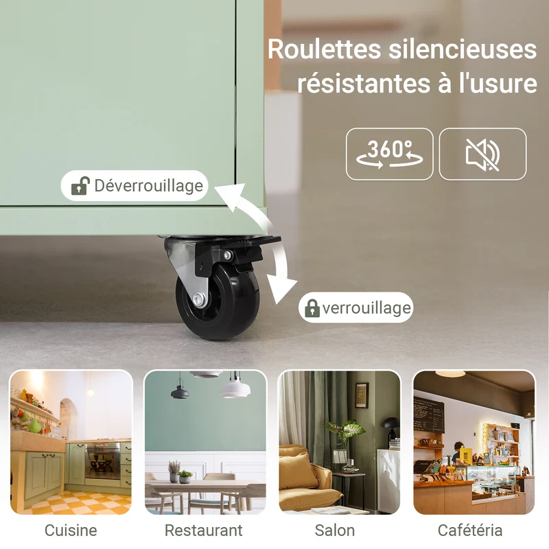 SoBuy FKW127-GR Chariot de Cuisine avec 3 Compartiments et 4 Tiroirs Service Table d’Appoint Chariot à roulettes Vert 90x40x88cm