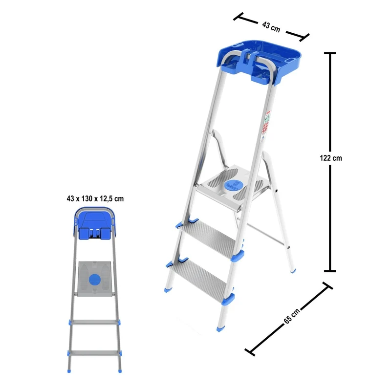 Colombo Atlantica – Escabeau pliable 3 marches en aluminium, marches extra-larges 12 cm, plateau porte-outils, jusqu’à 150 kg