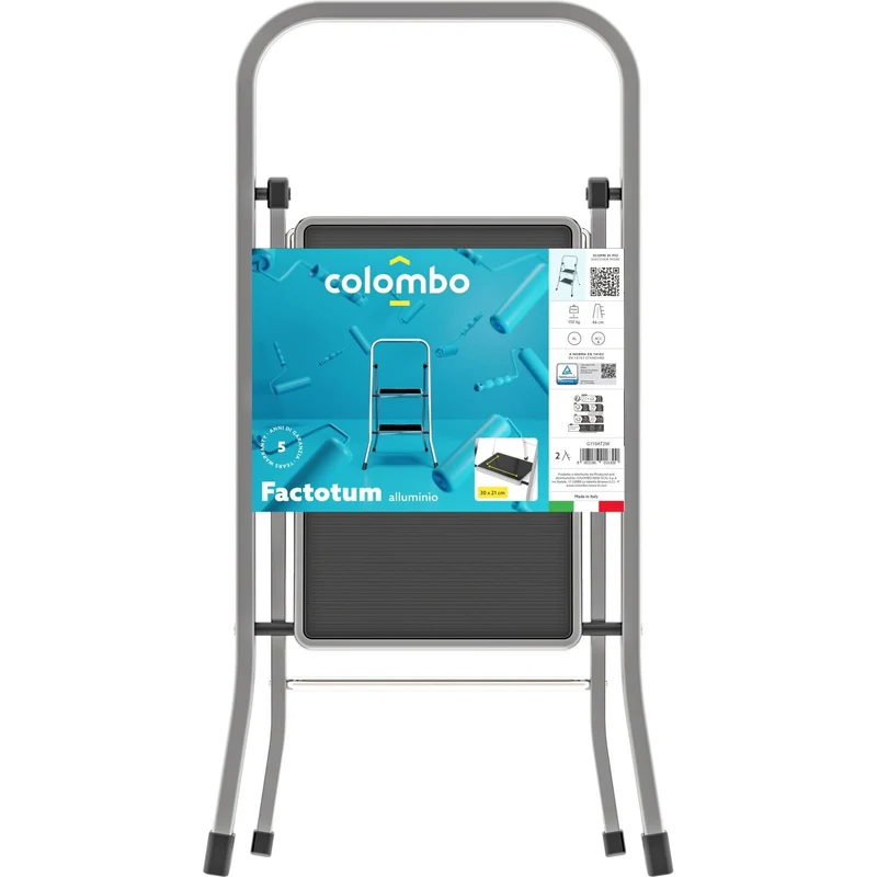 Colombo FACTOTUM ALUMINIUM - Escabeau 2 marches, Petit Escabeau Pliable, dimension marches 30x21 cm, charge max.150 kg, Fabriqué en Italie