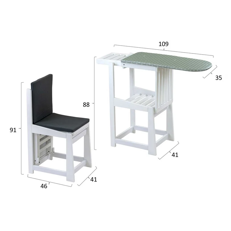 ARIT SINFONIA - Table à Repasser Chaise, 2-en-1, Planche à repasser, Surface active 81x35 cm, Support pour fer à repasser, Coussin, en Bois, Blanc