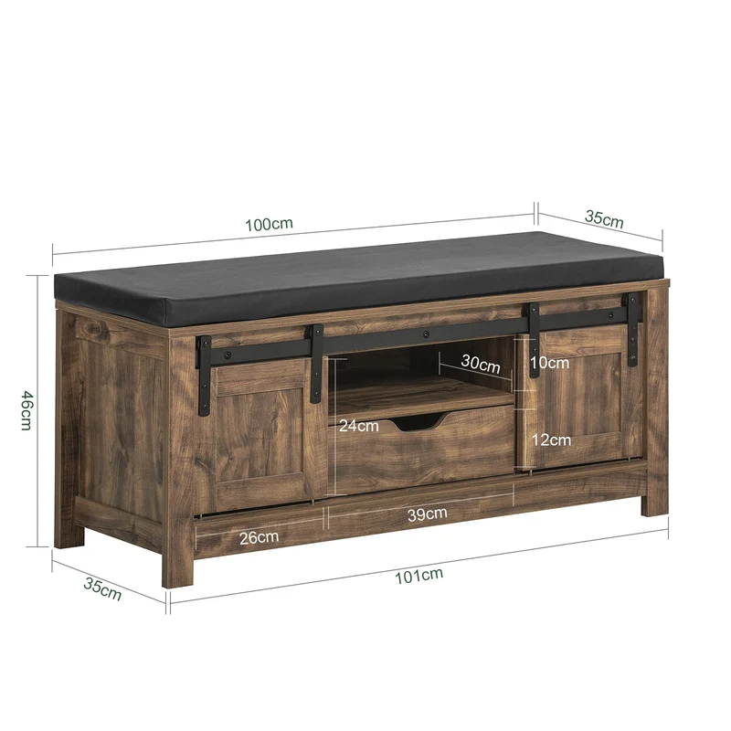 SoBuy FSR118-N Banc à Chaussures avec Porte de Grange Coulissante, Tiroir et Coussin Rembourré pour Entrée – 101x35x46 cm, Naturel
