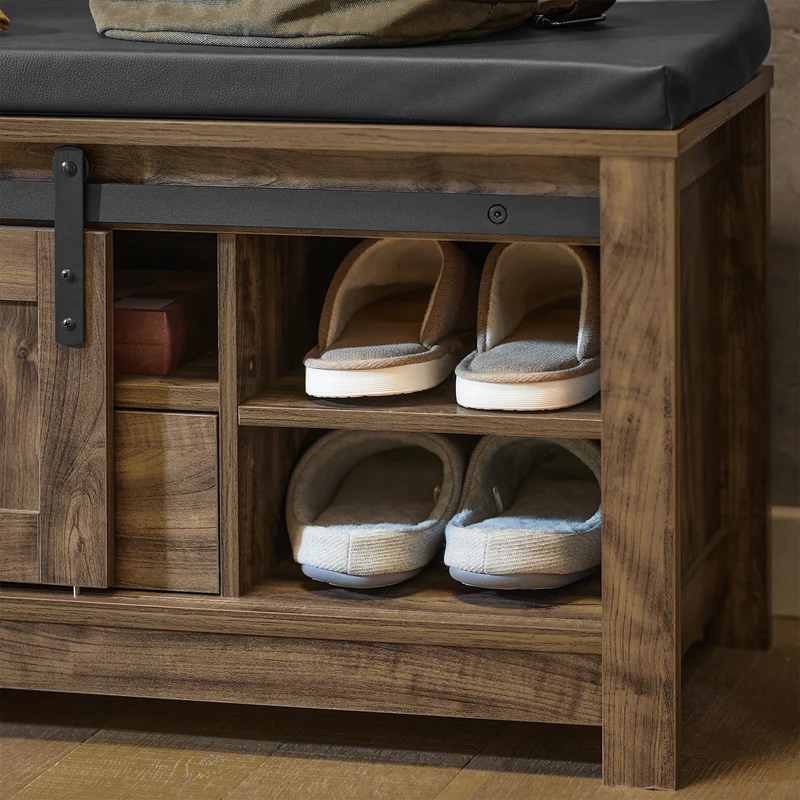 SoBuy FSR118-N Banc à Chaussures avec Porte de Grange Coulissante, Tiroir et Coussin Rembourré pour Entrée – 101x35x46 cm, Naturel