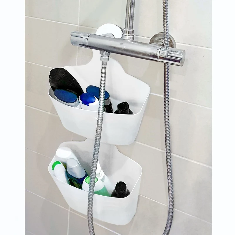 Tatkraft Posh Panière de Douche Plastique Blanc à Suspendre, 2 Paniers de Rangement pour la Maison avec Crochet