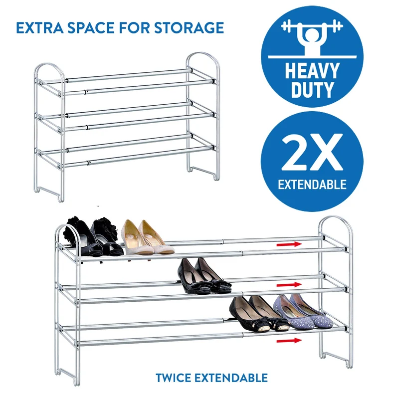 Tatkraft Maestro - Etagère à Chaussures en Acier Chromé 3 Etages, Porte-Chaussures Extensible, Meuble à Chaussures Réglable
