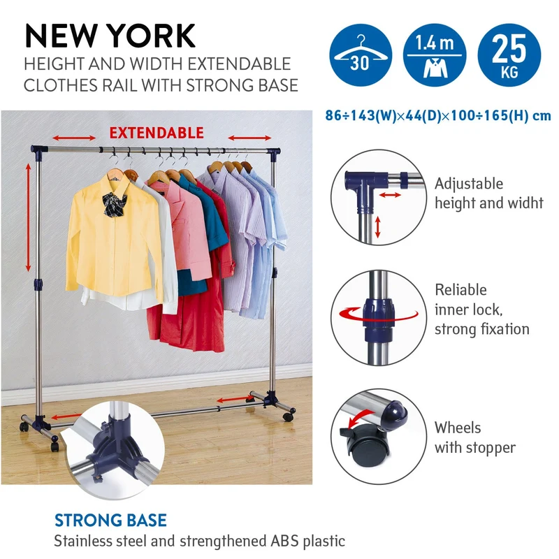 Tatkraft New York – Portant à vêtements sur roulettes, longueur et hauteur réglables, 86–143 × 44 × 100–165 cm, acier inoxydable