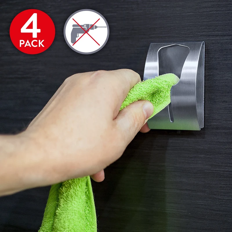 Tatkraft Ida – Lot de 4 porte-serviettes adhésifs en acier inoxydable pour cuisine et salle de bain, jusqu’à 5 kg