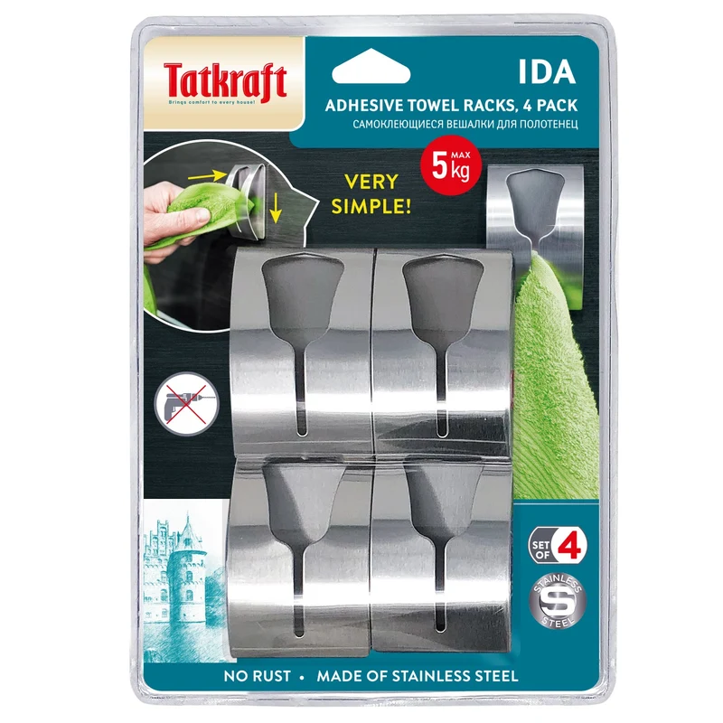 Tatkraft Ida – Lot de 4 porte-serviettes adhésifs en acier inoxydable pour cuisine et salle de bain, jusqu’à 5 kg