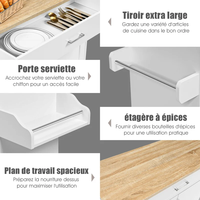 Costway - Desserte a Roulette, Chariot de Rangement, Ilot de Cuisine, Desserte Cuisine, Desserte micro onde, avec Grand Placard Tiroir, Blanc