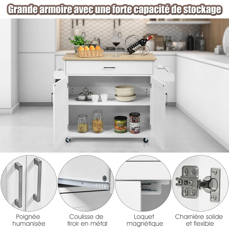 Costway - Desserte a Roulette, Chariot de Rangement, Ilot de Cuisine, Desserte Cuisine, Desserte micro onde, avec Grand Placard Tiroir, Blanc
