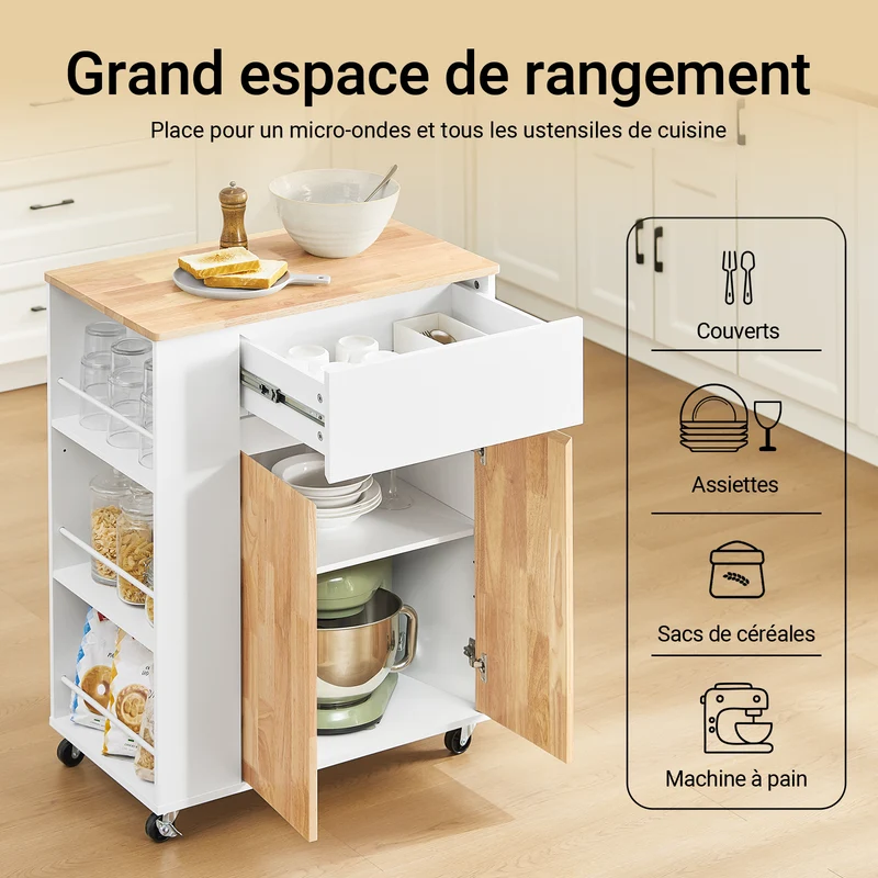 SoBuy FKW132-WN Desserte Cuisine avec Roues, pour Cuisine et Salle à Manger, Rangement Optimisé, Design Fonctionnel – L70×P40×H90 cm, Bois d’Hévéa, Blanc