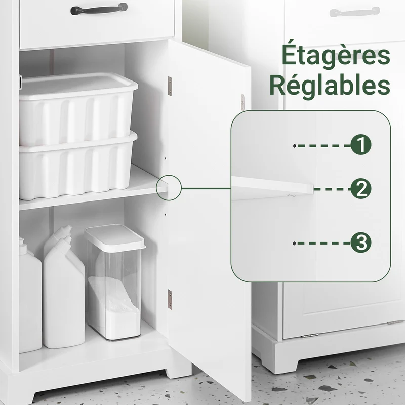 SoBuy BZR206-W Colonne Salle de Bain avec Tiroir et Étagères Réglables, Gain de Place, pour Salle de Bain et WC, Usage Quotidien – L42×P30×H173 cm, Bois, Blanc