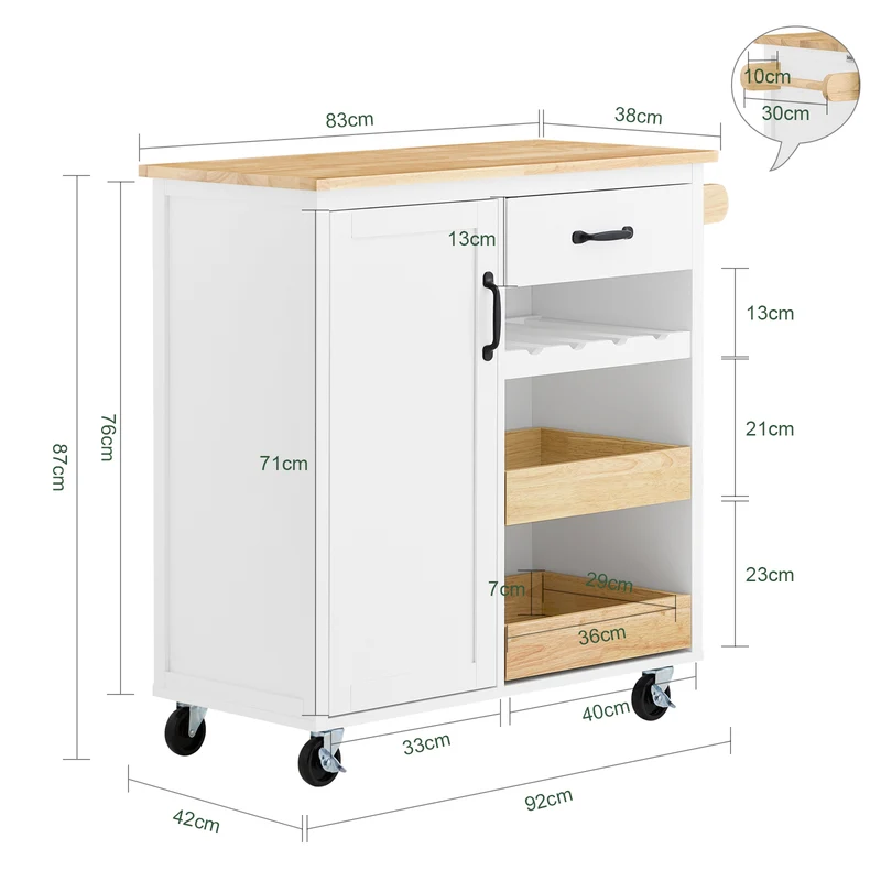 SoBuy FKW131-WN Desserte Cuisine avec Roues, pour Cuisine et Salle à Manger, Rangement Optimisé, Design Fonctionnel – L92×P42×H87 cm, Bois d’Hévéa, Blanc