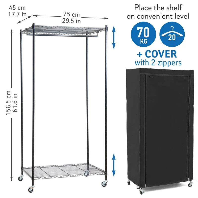 art moon Buffalo - Penderie tissu, armoire tissu avec roulettes, portant à vêtements solide jusqu’à 70 kg, range-chaussures, 75 × 45 × 156,5 cm, noir coton
