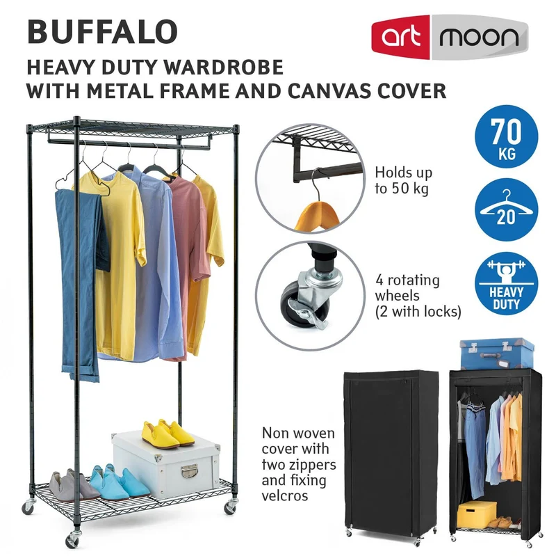 art moon Buffalo - Penderie tissu, armoire tissu avec roulettes, portant à vêtements solide jusqu’à 70 kg, range-chaussures, 75 × 45 × 156,5 cm, noir coton