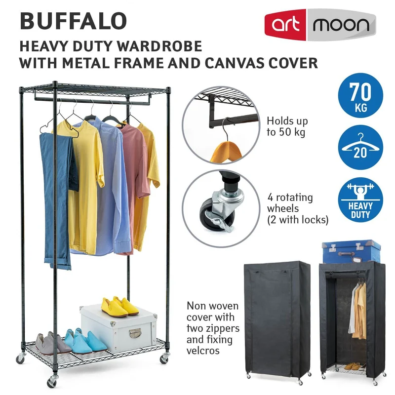 art moon Buffalo – Penderie en tissu sur roulettes avec 2 étagères et barre, jusqu’à 70 kg, 75 × 45 × 156,5 cm, aspect lin noir