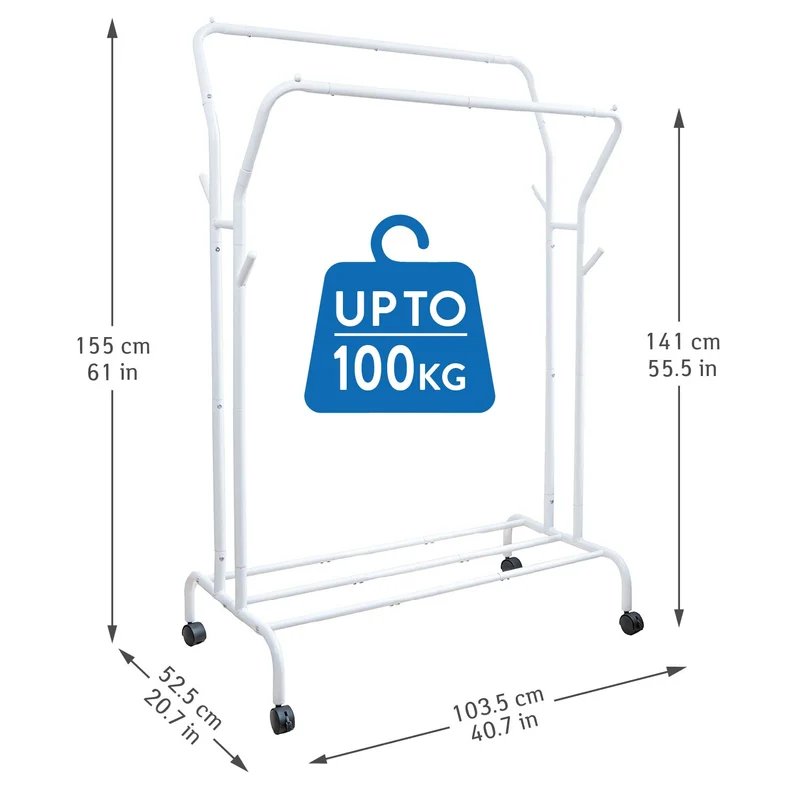 Tatkraft Swan – Portant à vêtements double solide sur roulettes avec étagère, jusqu’à 100 kg, 103,5 × 52,5 × 155 cm, blanc