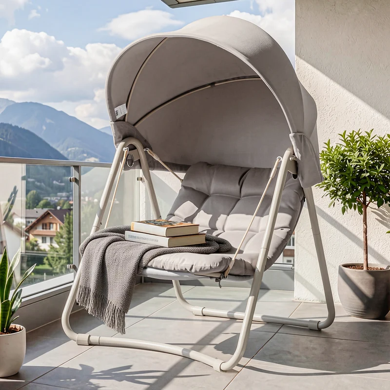 SoBuy OGS62-MI Fauteuil à Bascule Fauteuil Relax avec Parasol Ajustable pour Jardin et Balcon Hamac et Balancelle de Jardin Chaise Longue Eexterieur Beige 108x126x163 cm
