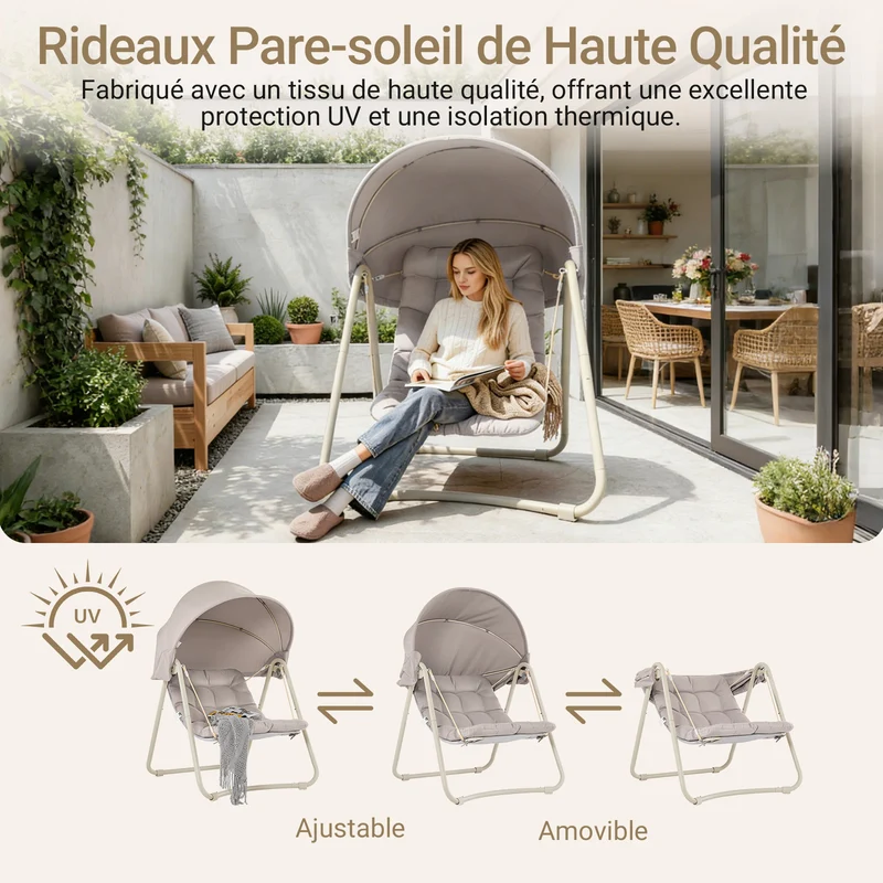 SoBuy OGS62-MI Fauteuil à Bascule Fauteuil Relax avec Parasol Ajustable pour Jardin et Balcon Hamac et Balancelle de Jardin Chaise Longue Eexterieur Beige 108x126x163 cm