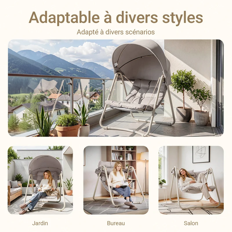SoBuy OGS62-MI Fauteuil à Bascule Fauteuil Relax avec Parasol Ajustable pour Jardin et Balcon Hamac et Balancelle de Jardin Chaise Longue Eexterieur Beige 108x126x163 cm