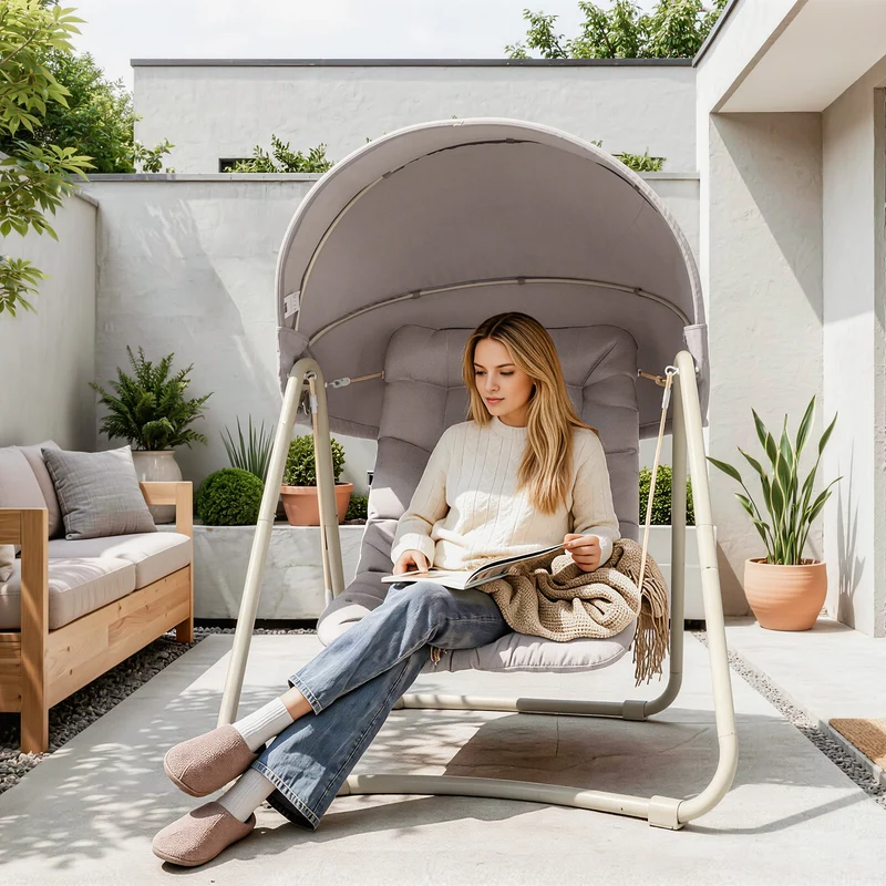 SoBuy OGS62-MI Fauteuil à Bascule Fauteuil Relax avec Parasol Ajustable pour Jardin et Balcon Hamac et Balancelle de Jardin Chaise Longue Eexterieur Beige 108x126x163 cm