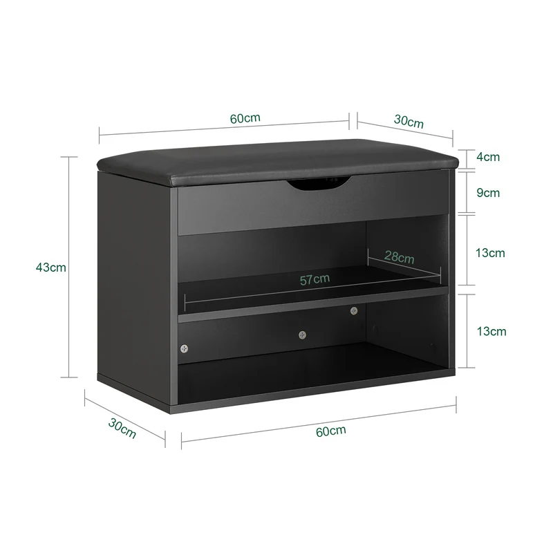 SoBuy FSR25-SCH Banc à Chaussures 3-en-1 avec Assise Rembourrée, Rangement Caché sous Rabat et 2 Étagères Ouvertes, Charge 113 kg – Noir, 60×30×43 cm