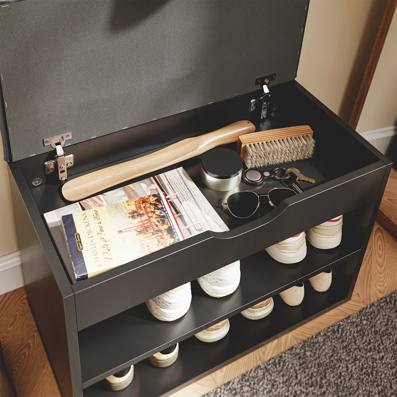 SoBuy FSR25-SCH Banc à Chaussures 3-en-1 avec Assise Rembourrée, Rangement Caché sous Rabat et 2 Étagères Ouvertes, Charge 113 kg – Noir, 60×30×43 cm