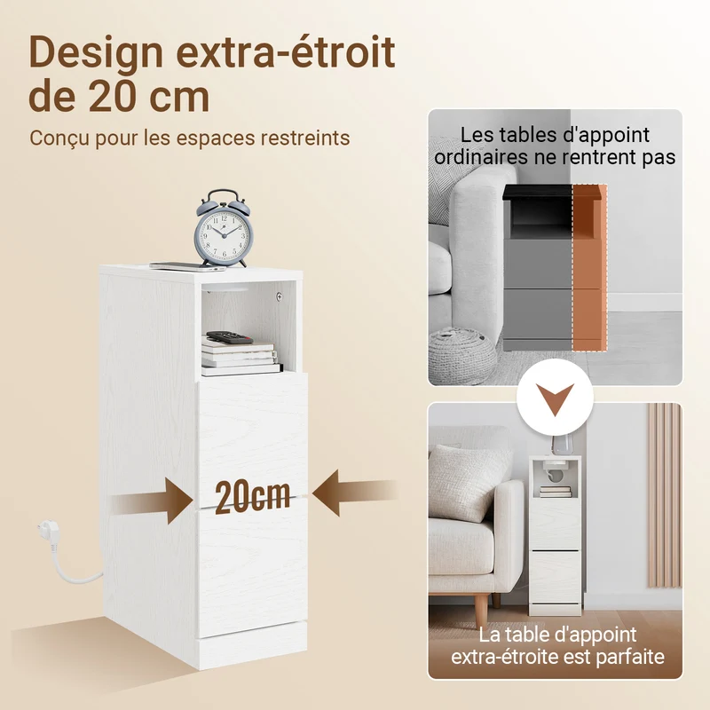 SoBuy FBT149-E-WG Table de Chevet Étroite 20cm avec Chargeur USB & Type-C + Lampe LED Magnétique – Blanc Effet Bois