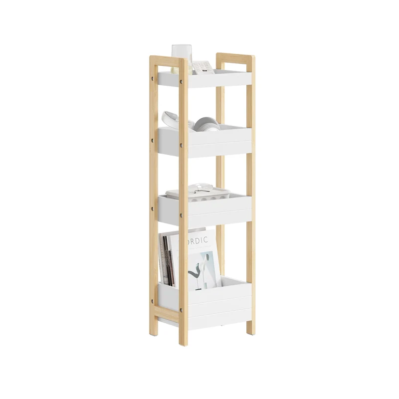 SoBuy FRG226-H-WN Étagère WC Étroite 28 cm avec 4 Compartiments, Cadre Bambou et Anti-basculement – Rangement Toilette Bois Naturel et Blanc, 90 cm