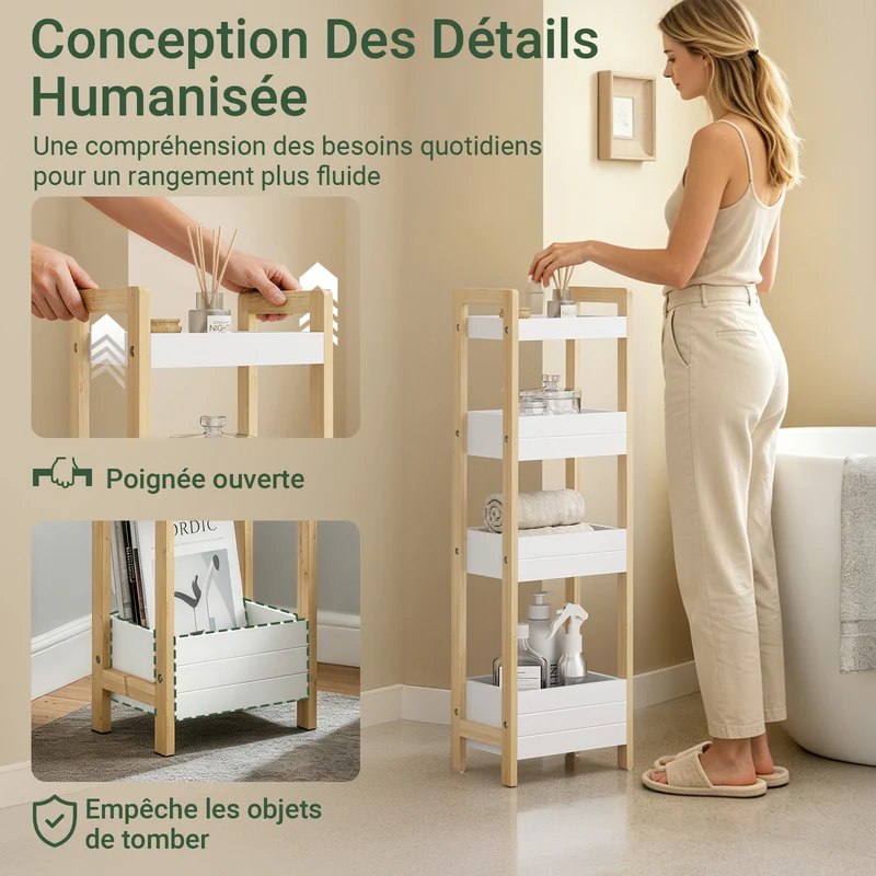SoBuy FRG226-H-WN Étagère WC Étroite 28 cm avec 4 Compartiments, Cadre Bambou et Anti-basculement – Rangement Toilette Bois Naturel et Blanc, 90 cm