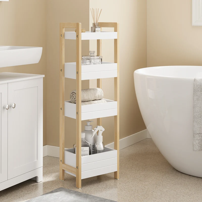 SoBuy FRG226-H-WN Étagère WC Étroite 28 cm avec 4 Compartiments, Cadre Bambou et Anti-basculement – Rangement Toilette Bois Naturel et Blanc, 90 cm