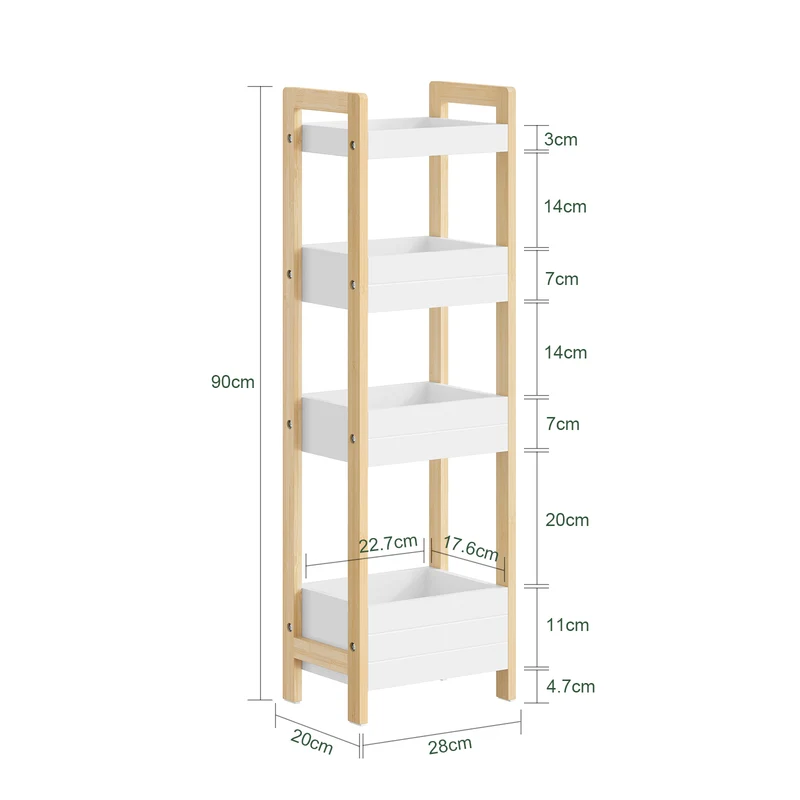 SoBuy FRG226-H-WN Étagère WC Étroite 28 cm avec 4 Compartiments, Cadre Bambou et Anti-basculement – Rangement Toilette Bois Naturel et Blanc, 90 cm