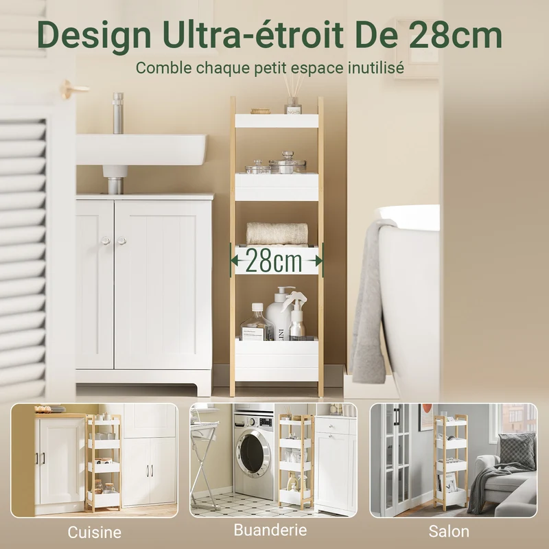 SoBuy FRG226-H-WN Étagère WC Étroite 28 cm avec 4 Compartiments, Cadre Bambou et Anti-basculement – Rangement Toilette Bois Naturel et Blanc, 90 cm